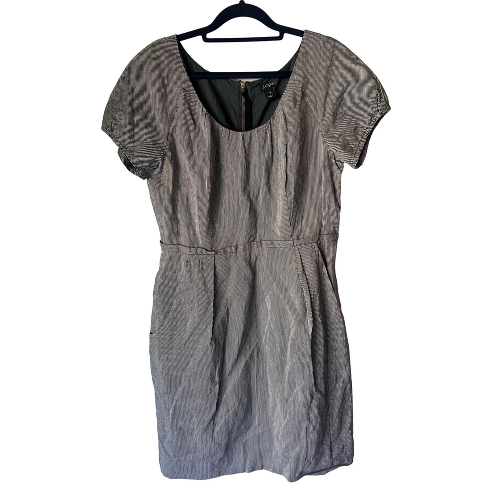 J CREW Silk Blend Mini Picnic Dress Size 10 Babydoll Drop Waist Pockets Striped